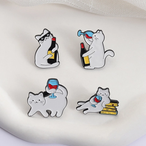Funny Cartoon White Cat Drinking Wine Enamel Brooch Zinc Alloy Cute Animal Wine Bottle Lapel Pin Badge For Clothes Bags Jewelry Gift
