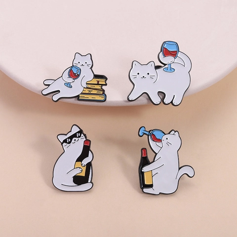 Funny Cartoon White Cat Drinking Wine Enamel Brooch Zinc Alloy Cute Animal Wine Bottle Lapel Pin Badge For Clothes Bags Jewelry Gift