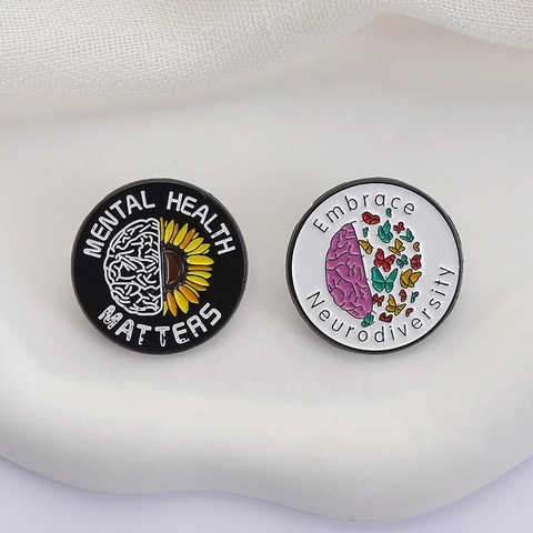 Épingle en Émail Santé Mentale Neurodiversité Alliage de Zinc Cerveau Tournesol Papillon Badge Bijoux pour Décoration de Vêtements