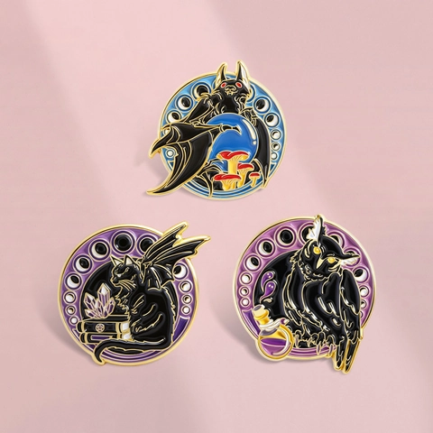 Gothic Magic Creature Enamel Brooch Pin Set Zinc Alloy Bat Owl Black Cat Mushroom Potion Badge For Gift Halloween Jewelry
