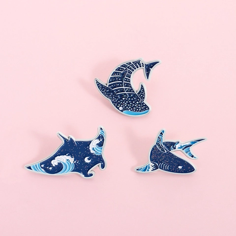 Cartoon Marine Life Alloy Enamel Brooches Whale Shark Manta Ray Japanese Wave Starry Sky Glitter Pins Decoration Accessories