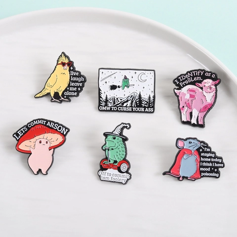 Lustige Cartoon Tier Emaille Pin Zinklegierung Humor Zitat Brosche Frosch Pilz Maus Schaf Abzeichen Für Kleidung Tasche Dekor Schmuck