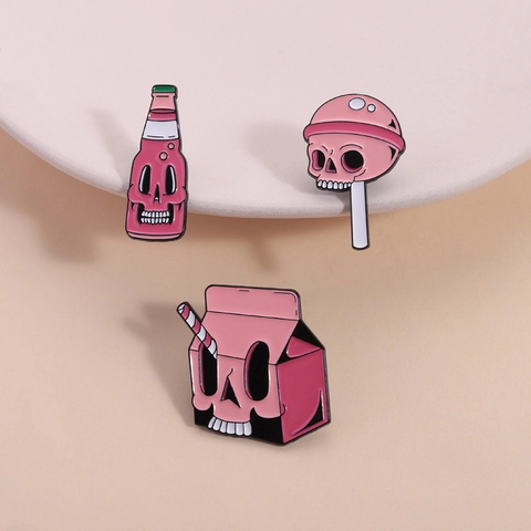 Kreatives Rosa Totenkopf Essen Emaille Pin Set Cartoon Milchkarton Limo Flasche Lutscher Zinklegierung Brosche Abzeichen
