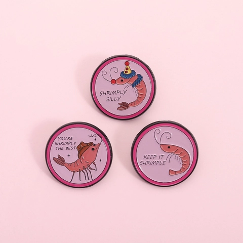 Funny Cartoon Round Shrimp Enamel Brooch Pin For Women Men Zinc Alloy Pink Seafood Animal Badge Shrimply Silly Simply The Best Keep It Shrimple Fun Jewelry Accessories