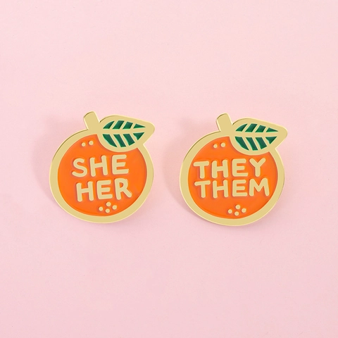 Creative Orange Shape Enamel Pin Gender Pronouns Brooch Zinc Alloy Badge For Clothing Bag Accessories Unisex Identity Jewelry