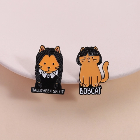 Funny Cartoon Cat Enamel Brooch Pin Wednesday Addams Parody Halloween Spirit Bobcat Zinc Alloy Badge Jewelry For Clothing