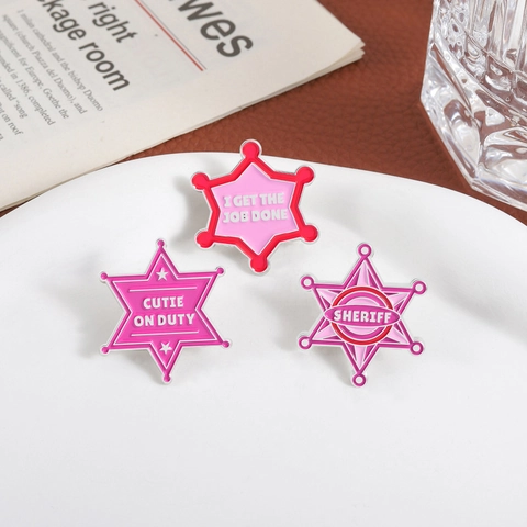 Sweet Pink Enamel Star Sheriff Badge Pins Set Cute Cutie On Duty Sheriff I Get The Job Done Alloy Brooches Jewelry For Bags Clothes