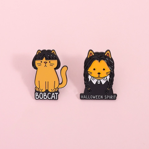 Cartoon Orange Katze Emaille Pin Set Gothic Zöpfe Katze Und Bob Haar Katze Brosche Für Kleidung Taschen Halloween Geschenke