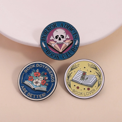 Pin de Esmalte de Tema de Lectura de Dibujos Animados Broche Redondo de Aleación de Zinc Book Lover Insignia para Mochila Ropa