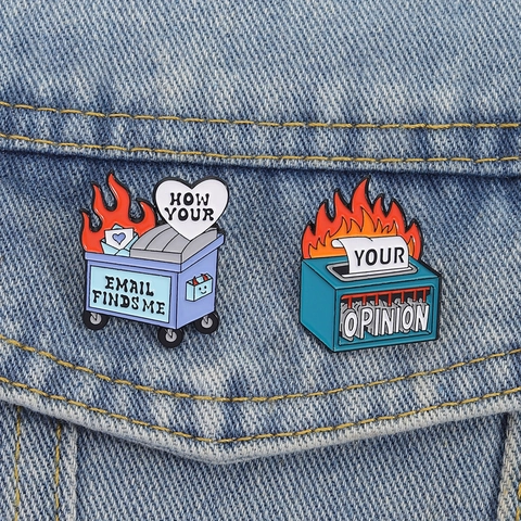 Funny Dumpster Fire Enamel Pin Cartoon Blue Trash Can Shredder Zinc Alloy Brooch Badge For Office Daily Unisex Jewelry