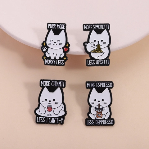 Funny White Cat Enamel Brooch Cute Animal Pins With Humorous Quotes Zinc Alloy Decoration For Clothes Bags Fashion Gift