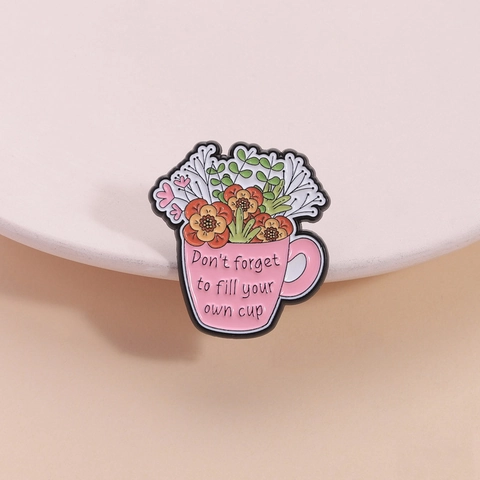 Inspirierende Emaille-Anstecknadel Rosa Tasse Blume Zinklegierung Brosche Abzeichen Für Kleidung Taschen Damen Herren Schmuck