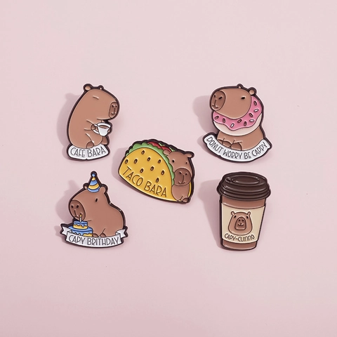 Pin De Esmalte De Carpincho Lindo Dibujos Animados Comida Donut Taco Café Broche Insignia Aleación De Zinc Para Ropa Bolsos