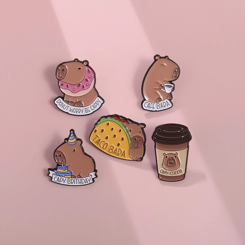 Pin De Esmalte De Carpincho Lindo Dibujos Animados Comida Donut Taco Café Broche Insignia Aleación De Zinc Para Ropa Bolsos