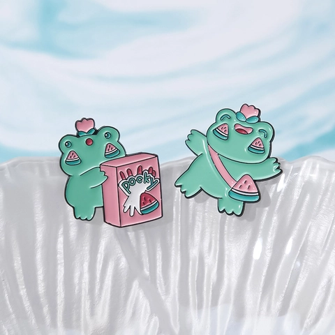 Cartoon Cute Frog Enamel Pin Set Watermelon Soda Bottle Snack Box Alloy Brooches For Backpack Clothes Jewelry Gift