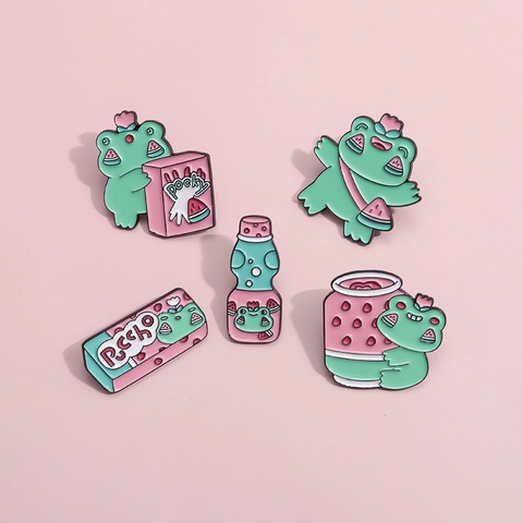 Cartoon Cute Frog Enamel Pin Set Watermelon Soda Bottle Snack Box Alloy Brooches For Backpack Clothes Jewelry Gift