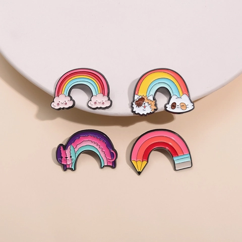 Cute Cartoon Rainbow Cat Pencil Enamel Brooch Pins Zinc Alloy Multi Color Lapel Pin Badges For Backpack Clothes Jewelry Gift