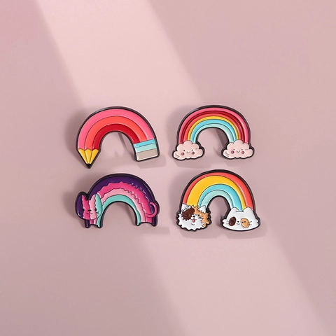Creative Cartoon Rainbow Cat Enamel Brooches Alloy Animal Pencil Cloud Lapel Pins For Clothes Backpack Decoration Unisex