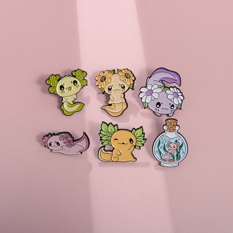 Cute Cartoon Axolotl Enamel Pin Alloy Animal Badge Sunflower Cactus Flower Pattern Decorative Brooch For Backpack Clothing Gift