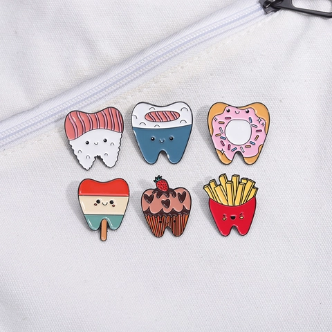 Cartoon Zahn Food Emaille Brosche Süße Sushi Pommes Donut Cupcake Legierung Metall Anstecknadel Für Rucksack Kleidung Accessoire