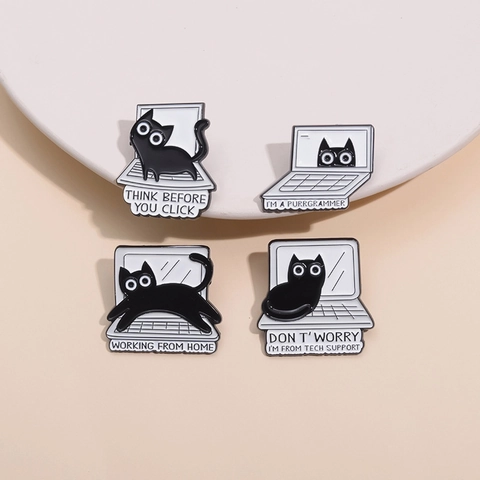Funny Black Cat Laptop Enamel Pin Cute Animal Brooch Programmer Tech Support Gift Zinc Alloy Lapel Pin Badge For Backpack Hat
