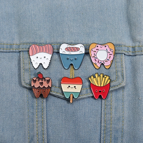Creative Cartoon Tooth Spille Set Cibo Dessert Sushi Ciambella Patatine Fritte Lega Metallo Distintivo Per Vestiti Zaino Accessori