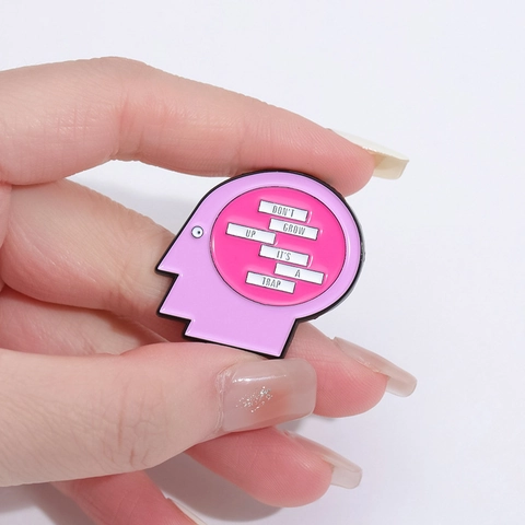Pink Brain Head Side Face Silhouette Enamel Brooch Don't Grow Up It's A Trap Slogan Alloy Badge For Clothing Accessories Unisex Gift