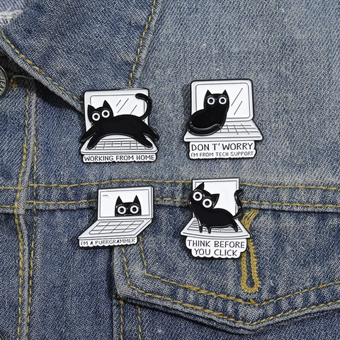 Funny Black Cat Laptop Enamel Pin Cute Animal Brooch Programmer Tech Support Gift Zinc Alloy Lapel Pin Badge For Backpack Hat