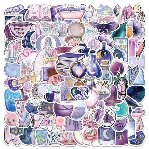 Mystical Purple Magic Witchcraft Stickers Waterproof PVC Aesthetic Moon Phase Crystal Decals For Laptop Suitcase DIY Decor