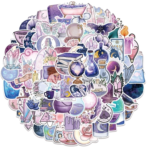 Mystical Purple Magic Witchcraft Stickers Waterproof PVC Aesthetic Moon Phase Crystal Decals For Laptop Suitcase DIY Decor
