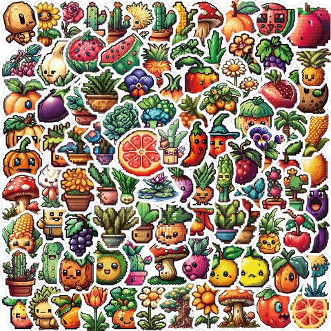 Retro Pixel Art Fruit Vegetable Plants Stickers Waterproof PVC Matte Decals For Laptop Guitar Suitcase Scrapbooking DIY Decoration