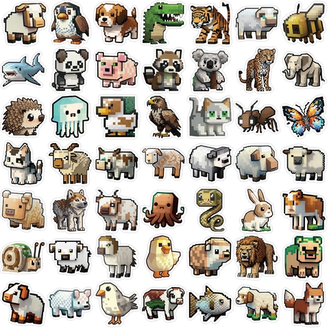 Pixel Art Animal Stickers Waterproof PVC Voxel Style Mosaic Decals For Laptop Luggage Guitar DIY Decor Graffiti Stickers