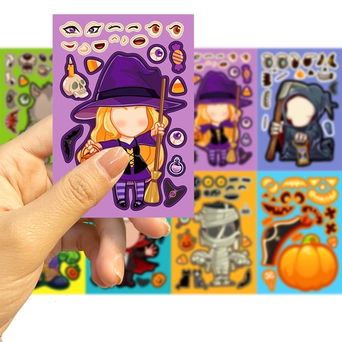 Halloween DIY Make A Face Stickers For Kids Waterproof PVC Cartoon Character Puzzle Stickers Party Favors Creative Decorations