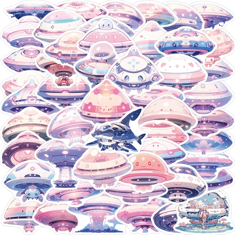 Cartoon UFO Alien Spaceship Waterproof PVC Stickers For DIY Laptop Guitar Luggage Decoration Kawaii Dreamy Decal