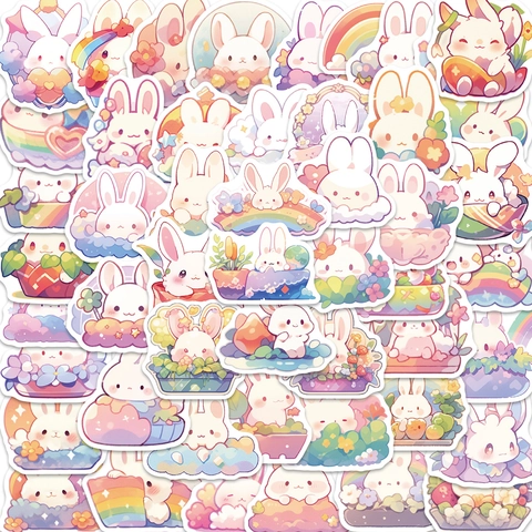 Kawaii Cartoon Rabbit Stickers PVC Waterproof Rainbow Flower Decals For Laptop Luggage Guitar DIY Scrapbooking Decoration