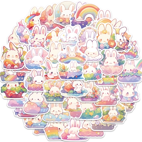 Kawaii Cartoon Rabbit Stickers PVC Waterproof Rainbow Flower Decals For Laptop Luggage Guitar DIY Scrapbooking Decoration