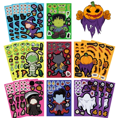 Halloween Make A Face Stickers Waterproof PVC Assorted Cartoon DIY Character Decals For Kids Party Favor Decorations School Crafts