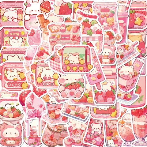 Kawaii Pink Bear Snack Decorative Stickers Waterproof PVC DIY Decals For Laptop Guitar Luggage Handbook Journaling Decoration