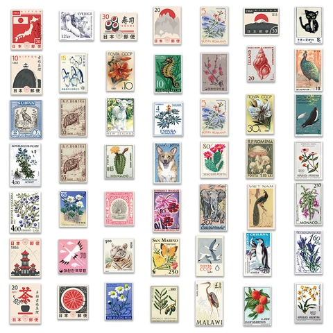 Vintage Postage Stamp Stickers Waterproof PVC Vinyl Aesthetic Retro Decals For Laptop Luggage Scrapbooking DIY Journal