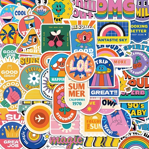 50Pcs Autocollants Graffiti Rétro Y2K Imperméables en PVC pour Ordinateur Guitare Bagages Bouteille d'Eau Scrapbooking
