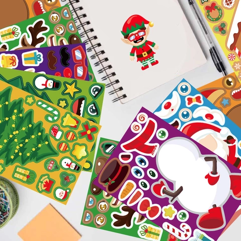Christmas DIY Character Stickers PVC Waterproof Make A Face Stickers For Kids Santa Snowman Reindeer Elf DIY Decoration Holiday Party Favors