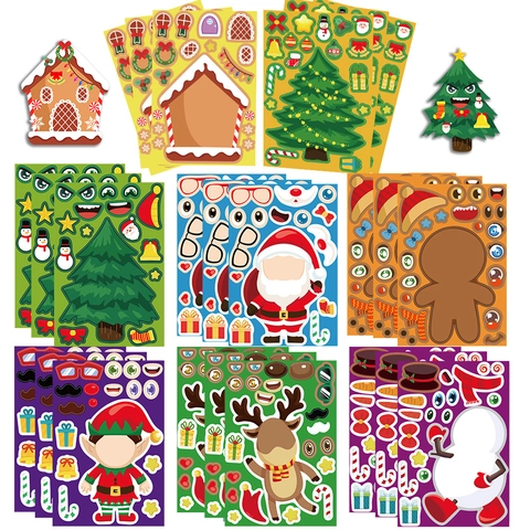 Christmas DIY Character Stickers PVC Waterproof Make A Face Stickers For Kids Santa Snowman Reindeer Elf DIY Decoration Holiday Party Favors