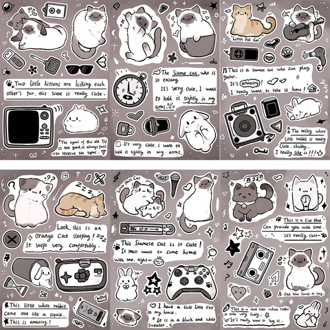 Cute Siamese Cat Observation Diary PVC Waterproof Stickers For DIY Scrapbooking Journaling Phone Case Decoration Cartoon Stickers
