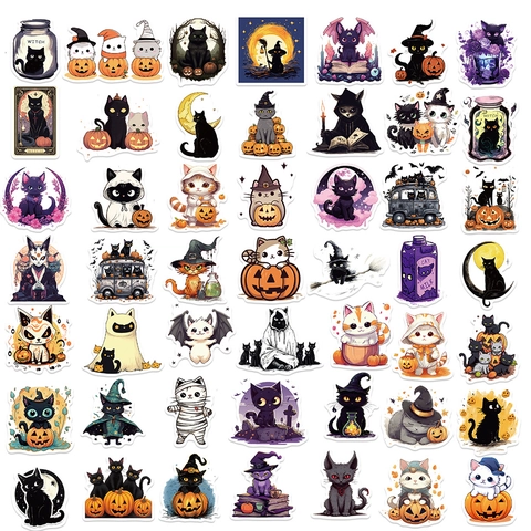 Pegatinas Gato Halloween Impermeable PVC DIY Calcomanías Para Laptop Guitarra Maleta Dibujos Animados Bruja Calabaza Gato Pegatinas Decorativas