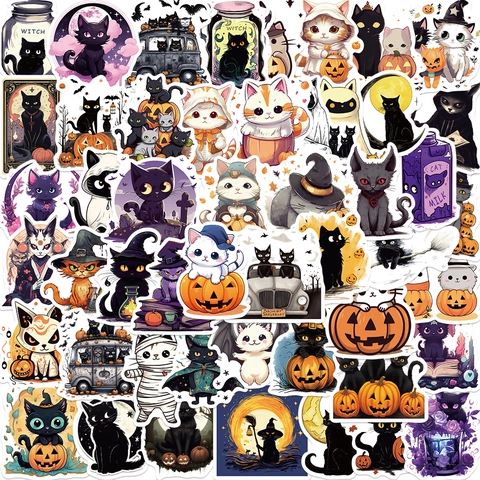 Pegatinas Gato Halloween Impermeable PVC DIY Calcomanías Para Laptop Guitarra Maleta Dibujos Animados Bruja Calabaza Gato Pegatinas Decorativas