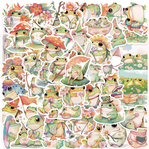 Cute Cartoon Frog Stickers Waterproof PVC Watercolor Style Decorative Decals For Laptop Suitcase Guitar Journal Kids Teens Gift