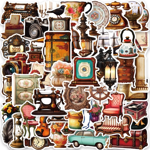 Assorted Vintage Retro Objects Stickers Waterproof PVC Decals For Laptop Luggage Guitar DIY Decoration Typewriter Camera Car Pattern
