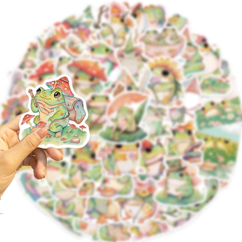 Cute Cartoon Frog Stickers Waterproof PVC Watercolor Style Decorative Decals For Laptop Suitcase Guitar Journal Kids Teens Gift