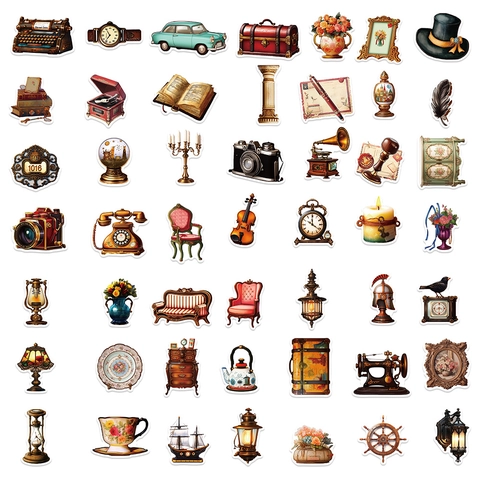 Assorted Vintage Retro Objects Stickers Waterproof PVC Decals For Laptop Luggage Guitar DIY Decoration Typewriter Camera Car Pattern