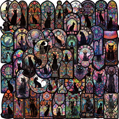 Gothische Glas-in-lood Zwarte Kat Stickers Waterdicht PVC DIY Decals Voor Laptop Bagage Gitaar Telefoonhoesje Kunst Decor
